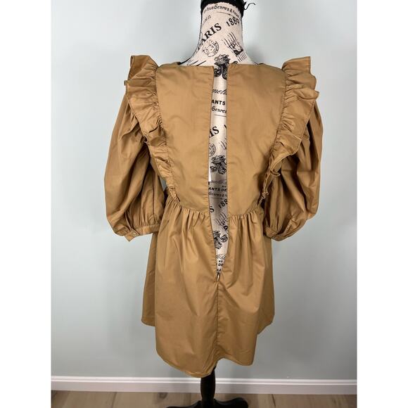 NWT En Saison mocha brown Puff Sleeve V-neck ruffle Mini Dress with Pockets - Picture 8 of 11